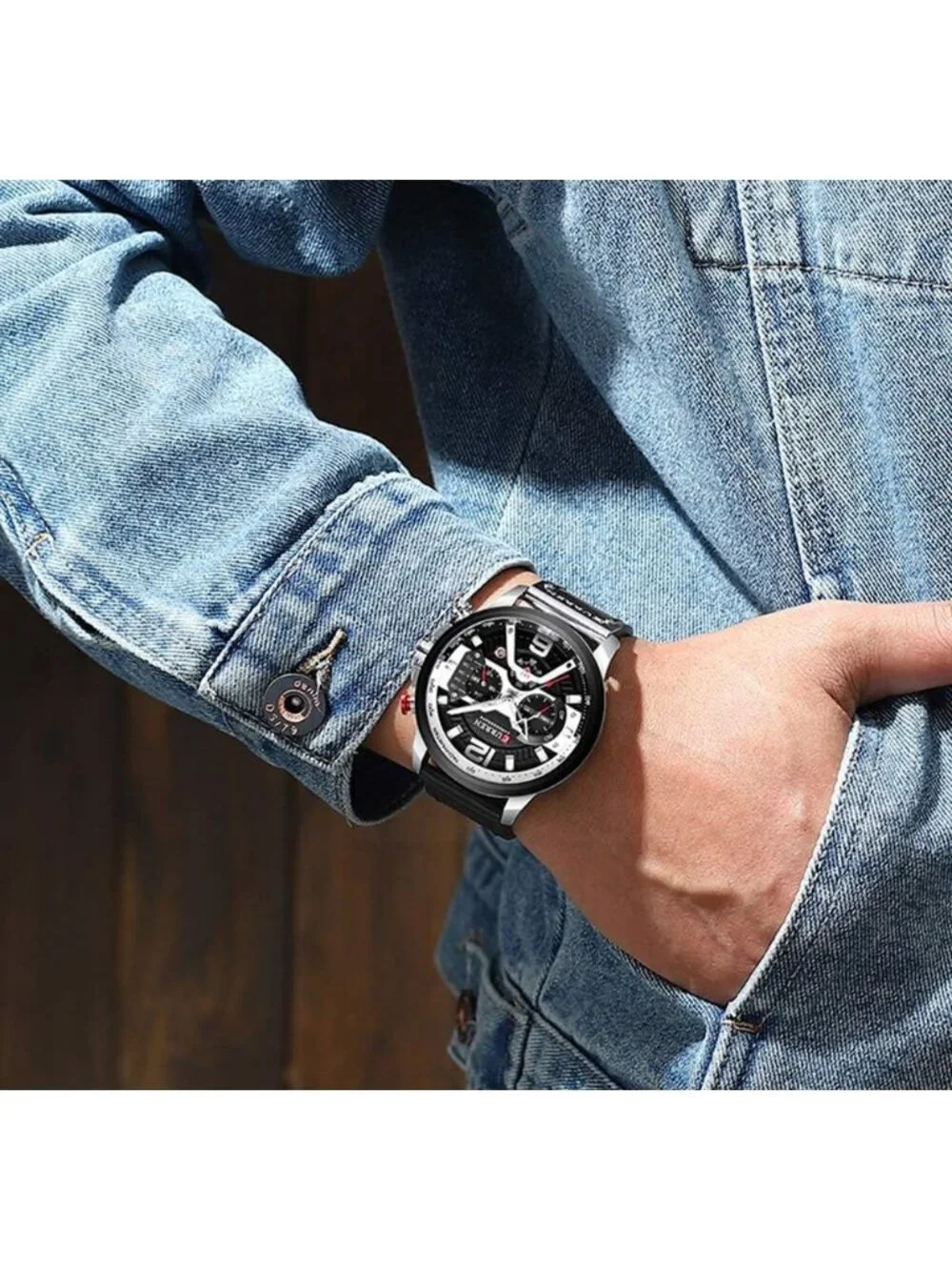 Men Black Silver Analog Quartz Waterproof Leather Strap Chronograph Luxury Watch